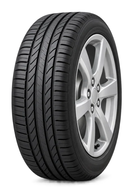 Illustrative car tire and silver wheel